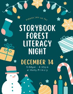 flyer for Storybook Forest Literacy Night on December 14 from 5pm to 6:30pm